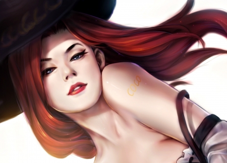 Miss Fortune - woman, redhead, hat, fantasy, destincelly, miss fortune, white, art, game, pirate, league of legend