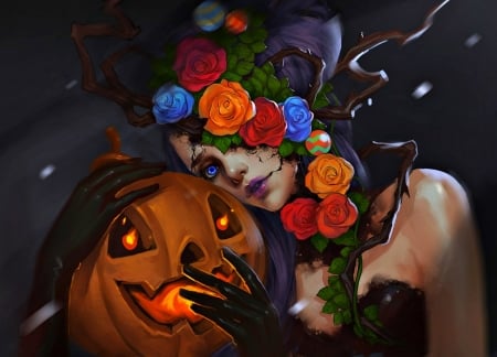 Happy Halloween! - jack-o-lantern, flower, black, rose, girl, pumpkin, fantasy, magic, colorful, woman, red, flowers, halloween, dark, blue, art, witch, orange, luminos