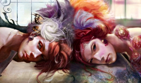 Two beauties - woman, redhead, girl, couple, fantasy, purple, art, feather, orange