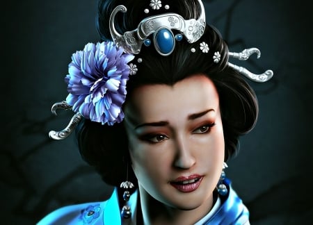 Madame Butterfly - flower, girl, madame butterfly, blue, art, fantasy, geisha, asian, woman