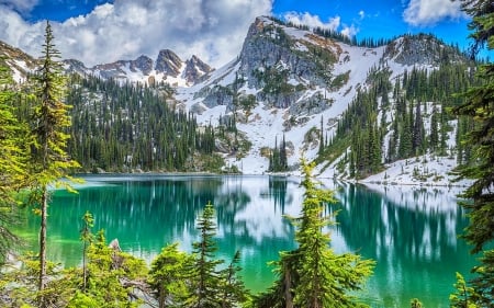 Eva Lake - forest, mountains, turquoise water, winter, beautiful, canada, lake, reflection, clouds, paradise, snow