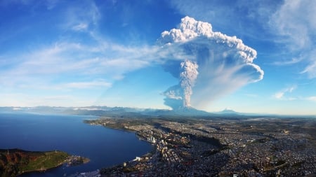 calbuco volcano eruption in chile - eruption, volcano, panorama, lake, city, mountains