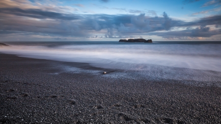 black pebble beach in iceland - black, beach, mist, pebbles, island, sea, rocks