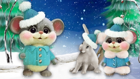 Happy Winter Mice - winter, rabbit, mice, snow