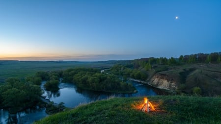 campfire in the early morning - morning, hill, view, river, campfire, grass