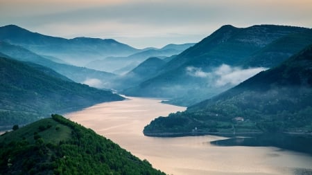 mist morning on kardzhali reservoir in bulgaria - morning, damn, reservoir, mountains, mist