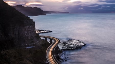 wonderful coastal road at sunset - cliff, lights, road, coast, sunset, sea