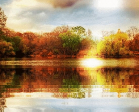 Lake Sunset - lake, forest, reflection, trees, sunset, nature, autumn