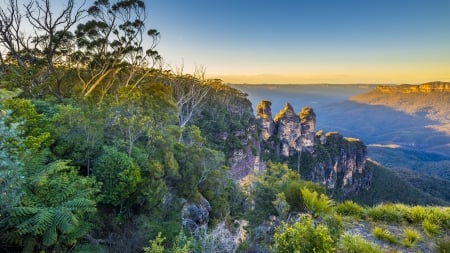 three sisters rock formation in australia - valley, trees, mountain, formation, rocks, cliffs