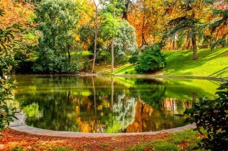 Autumn pond - autumn, lake, trees, colorful, park, foliage, serenity, reflections, fall, tranquil, mirror, beautiful, grass, pond