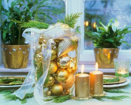 Gold Christmas - candle, gold, Christmas, balls