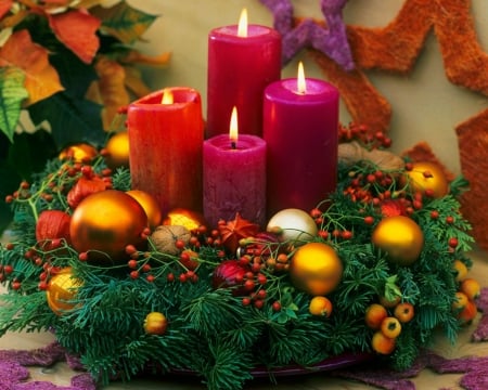 Christmas Wreaths - wreaths, candles, Christmas, balls