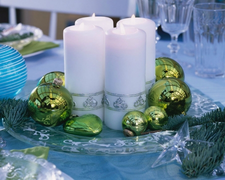 Christmas Candles - white, candles, Christmas, balls