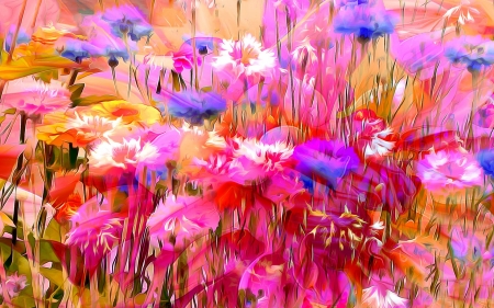 Flowers - summer, field, painting, art, purple, yellow, pink, blue, texture, flower