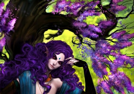 Nymph - girl, anndr, fantasy, charoite, purple, art, yellow, nymph, tree, flower