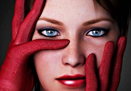 Girl - woman, girl, blue eyes, hankanup, freckles, fantasy, gloves, face, game, red