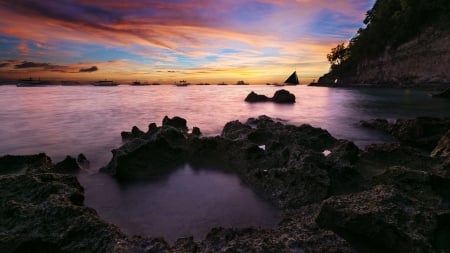 sunset on boracay island the philippines - rocks, island, sunset, sea, boats