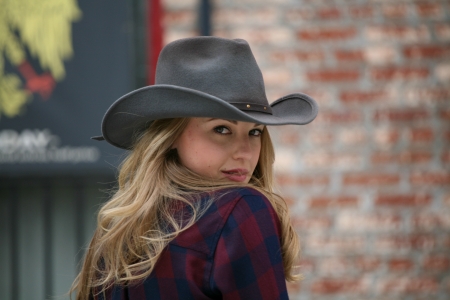 ~Cowgirl~ - hat, cowgirl, plaid, brick, blonde, wall