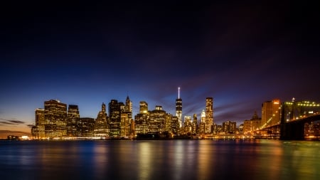 downtown manhattan at night - river, lights, skyscrapers, city, night, bridge