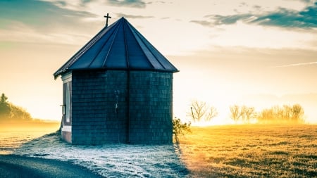 chapel in bavaria in sunlight - sunshine, grass, chapel, frost