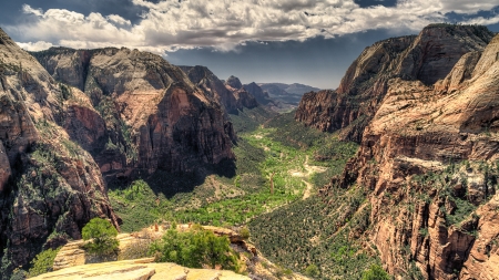 angels view of zion national park - view, panorama, road, bushes, cliffs, canyon