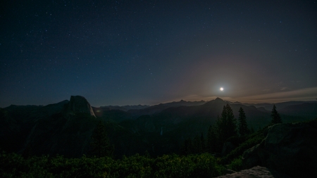 moonrise over yosemite - moon, stars, trees, night, mountains