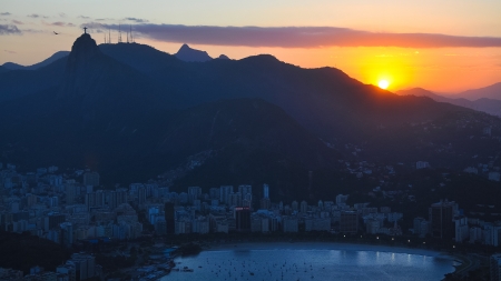 sunset on rio de janeiro - city, sunset, mountains, bay