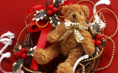 teddy bear - ribbon, bear, teddy, missletoe, basket