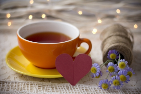 â™¥ - drink, heart, table, tea, flowers, bouquet, lights, cup