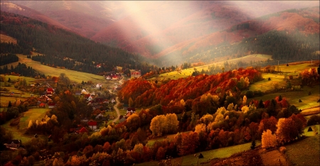 Village in autumn mountain - trees, beautiful, forest, mountain, village, fall, colorful, rays, autumn, view