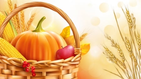 Thanksgiving Bounty - pumpkins, harvest, corn, maze, basket, berries, fall, wheat, apples, autumn, Thanksgiving