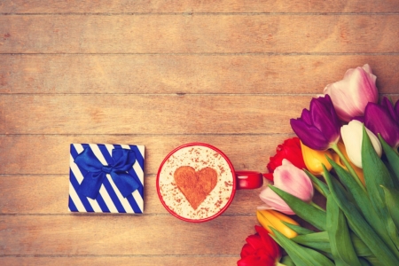 â™¥ - tulips, coffee, flowers, soft