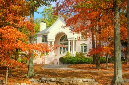 Autumn in countryside - season, autumn, peaceful, countryside, colorful, foliage, serenity, fall, beautiful, leaves, house, tree