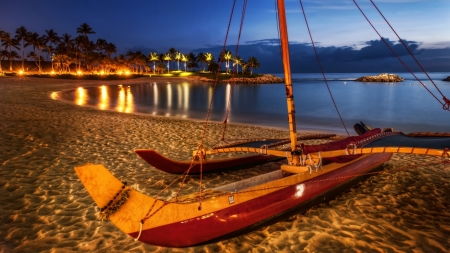 Beach at Night - palm trees, sea, lights, boat