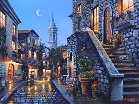 Old Stone Village - village, flowers, homes, Evening, Cafe, Street, Painting