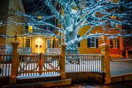 Portland, Maine, In Winter - fence, trees, snow, light, house