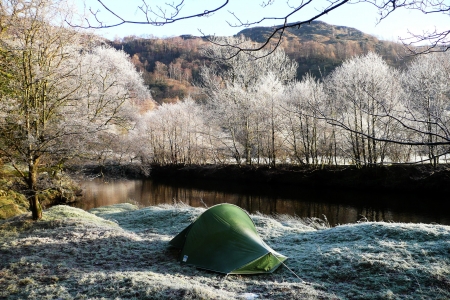 Winter Camp In Borrowdale - river, trees, snow, mountain, tent