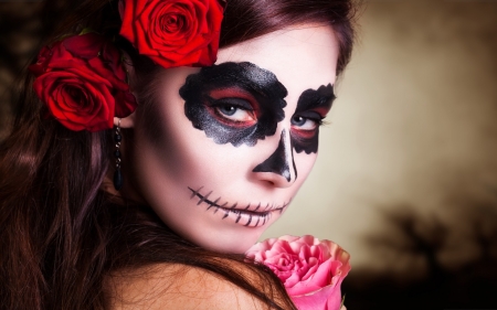 Halloween make-up - girl, dia de los muertos, flower, pink, hallooween, red, woman, model, rose, face