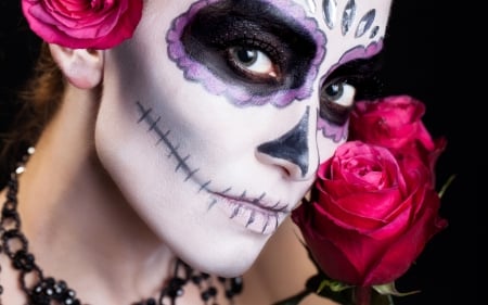 Halloween make-up - woman, girl, make-up, rose, model, halloween, face, pink, flower