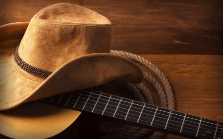 Hat, guitar and rope - wood, brown, rope, guitar, cowboy, hat