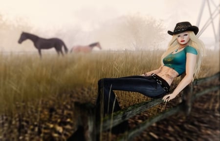 Urban Cowgirl - hat, tattoo, cowgirl, trees, horses, blonde, field, fence