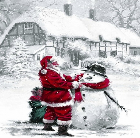 White winter - snowman, peaceful, santa claus, winter, lovely, red, beautiful, splendor, house