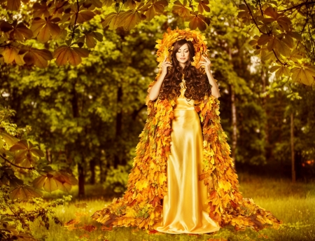 Lady of Autumn - autumn, lady, creative, dress, foliage, gold color, brown haired