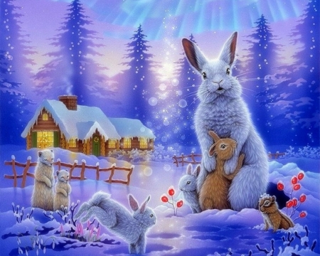 Winter in Purple - attractions in dreams, martens, xmas and new year, houses, animals, winter, rabbits, love four seasons, holidays, purple, home, snow, paintings, chipmunk