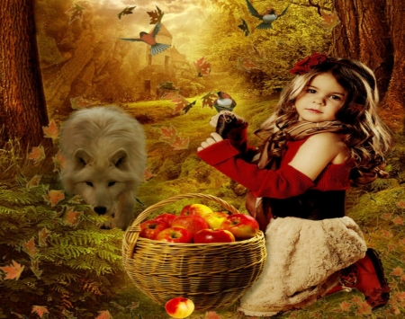 lovely moments - autumn leaves, nest, apples, girl