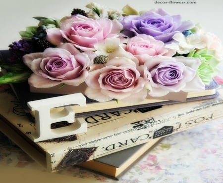 *bouquet* - roses, table, E, books