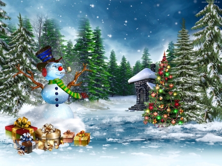 Cute Christmas Snowman - trees, snowman, gifts, snow, presents, Winter, holidays, 3D, christmas, outdoors, christmas tree, cute