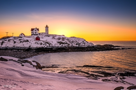 Nubble Lighthouse, Maine In Winter - landscape, snow, sunset, sea, coast