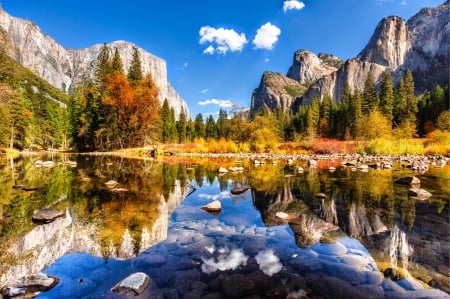 Yosemite Valley In Fall - reflections, trees, river, water, mountains