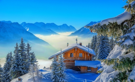 Winter view - sky, mountain, winter, dream, view, chalet, forest, cold, snow, wimter, beautiful, rest